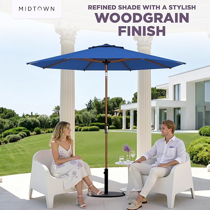 Midtown Umbrellas Wooden 2-8 Ft Patio Umbrella with 360° Swivel & Tilt Mechanism, 8 Fiberglass Ribs & Sunbrella Fabric - Outdoor Umbrella for Deck, Pool & Garden - Burgundy Canopy, Wooden Pole