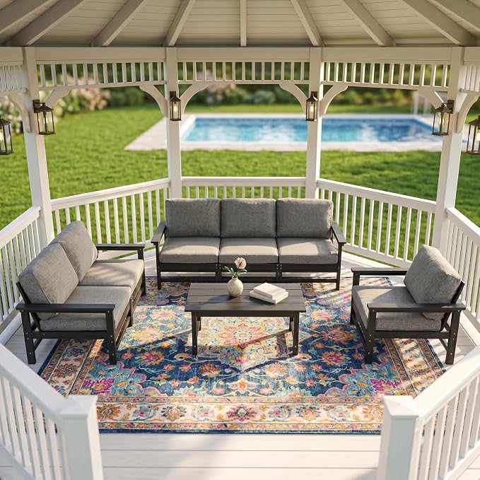 Outdoor Patio Furniture Set, Modular HDPE Conversation Set with 3-Seater Sofa, Loveseat, Armchairs & Large Coffee Table, All-Weather Patio Seating with Cushions