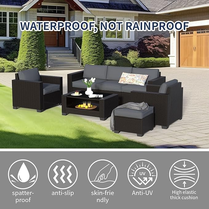 SHGJ&SOFT 7 Piece Patio Furniture Set, Wicker Outdoor Sectional Sofa with Washable Cushion Covers and Tempered Glass Table, Rattan Conversation Set for Poolside