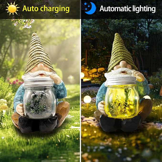 Solar Firefly Jar Gnome Waterproof, Mother's Day,Birthday Housewarming Gifts for Mom Women,Large Garden Gnome Funny Solar Outdoor LED Lights Resin Statues 10.6" Lantern Figurines Decorations
