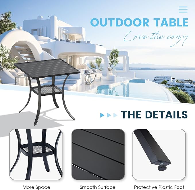 3 Pieces Patio Furniture Dining Set, 2 Textilene Swivel Dining Chairs, 28" Outdoor Square Metal Table with Storage Shelf, Outdoor Dining Set for Porch, Lawn, Garden, Black/Brown