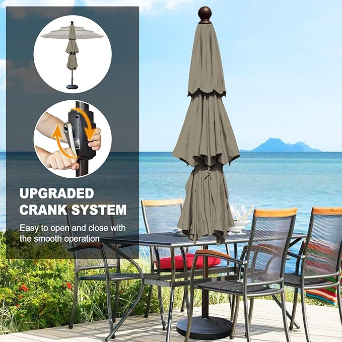 Eurmax USA 10-Year-Non-Fading 10FT 3-Tier Outdoor Patio Market Umbrella,UPF50+ UV Resistant,Heavy Duty Commercial Grade,Crank Lift Design,Windproof Vented Top for Garden,Pool,Deck,Taupe