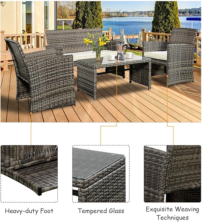 Tangkula 4 PCS Patio Conversation Set Outdoor Poolside Balcony Wicker PE Rattan Sectional Sofa Set Wicker Furniture Set