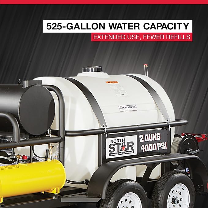 NorthStar Hot Water Commercial Pressure Washer Trailer with 2 Wands — 4000 PSI, 7.0 GPM, NorthStar Engine, 525-Gal. Water Tank