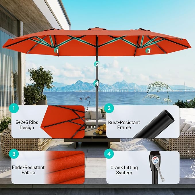 AreShark 15ft Patio Umbrella with Base, Double Sided Outdoor Umbrella with 12 Fiberglass Ribs, Large Outdoor Umbrella for Garden, Pool, Deck, Backyard & Market, Orange