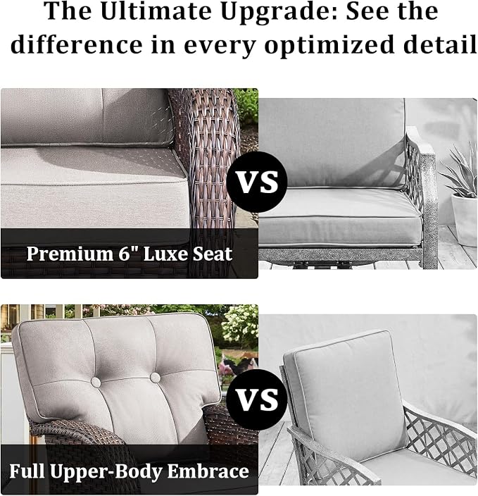 4-Piece Luxury Patio Furniture Set with Fire Pit Table, Weather Resistant Rattan High Back Swivel Rocker Chairs Senior Friendly Conversation Set for Small Porch Deck Sunroom Brown/Beige