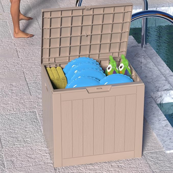 30 Gallon Waterproof Outdoor Resin Deck Box with Lockable Lid, Minimalist Wood Grain Pattern, Easy Assembly Features and Convenient Handles For Cushion, Pillows and other Patio Furniture (Grey)