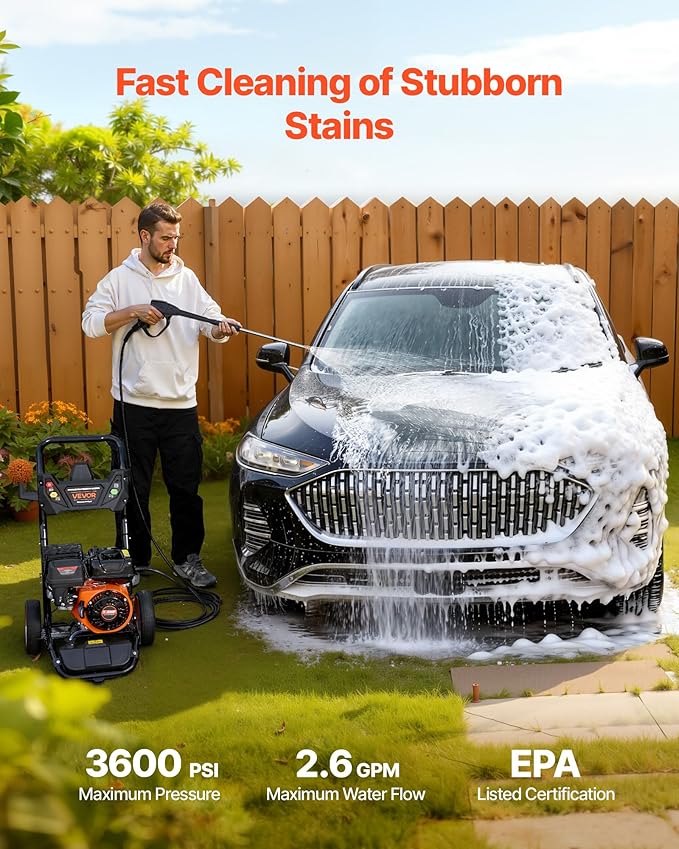 VEVOR Gas Pressure Washer, 3600 PSI 2.6 GPM, Gas Powered Pressure Washer with Copper Pump, Spray Gun and Extension Wand, 5 Quick Connect Nozzles, for Cleaning Cars, Homes, Driveways, Patios