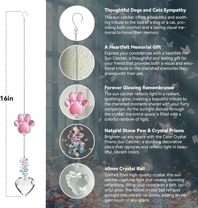 Dog Memorial Gifts, Pet Memorial Suncatcher, Loss of Dog Sympathy Gift | Thoughtful Dogs and Cats Bereavement Remembrance Gifts, Natural Cat's Eye Stone Paw Crystal Suncatcher