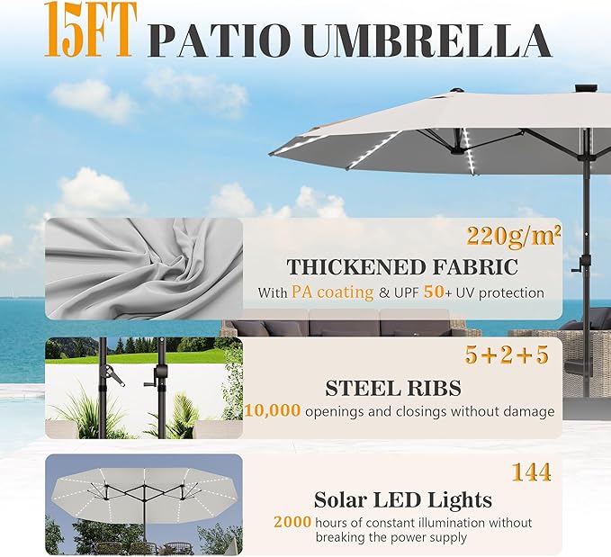 GDPFN 15ft Rectangular Patio Umbrella with Solar LED Lights, Double-Sided Outdoor Market Umbrella Extra Large Shade for Pool, Deck, Backyard, Garden, Light Gray (Base Not Include)