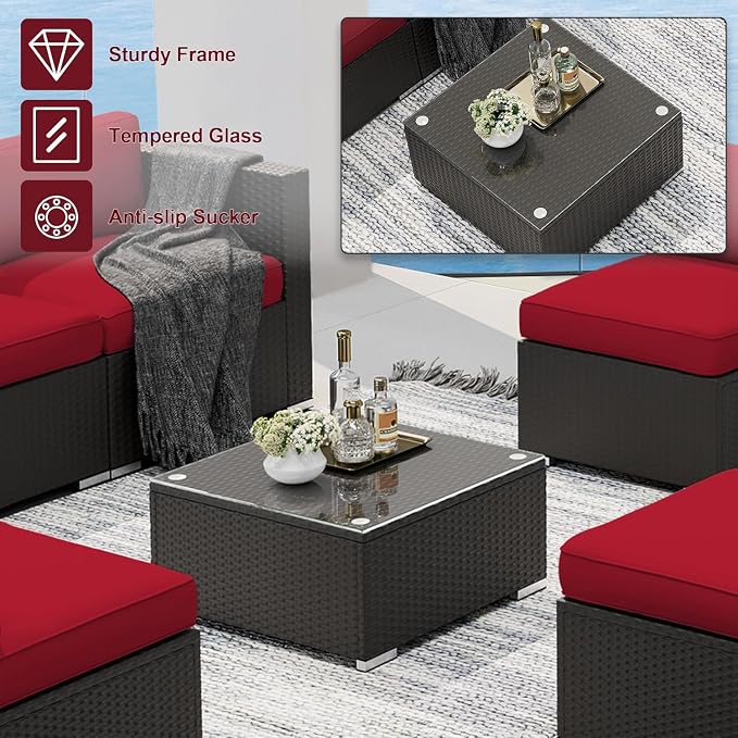 SUNCROWN Outdoor Patio Furniture Sofa Set 7 Piece All-Weather Wicker Sectional Conversation Set with Modern Glass Coffee Table, Cushions and A Waterproof Cover -Red