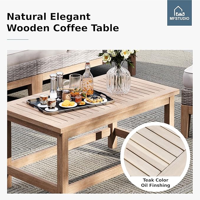 MFSTUDIO Wicker Patio Furniture Set, All Weather Rattan Outdoor Conversation Set with 2 Ottomans, 5 Pieces Patio Sectional Modular Sofa Couch Set with Wood Coffee Table, Beige Cushions