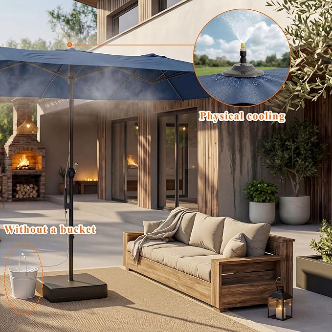15 FT Patented Misting Patio Umbrella with Base, Outdoor Umbrella with Built-in Rechargeable Mist System