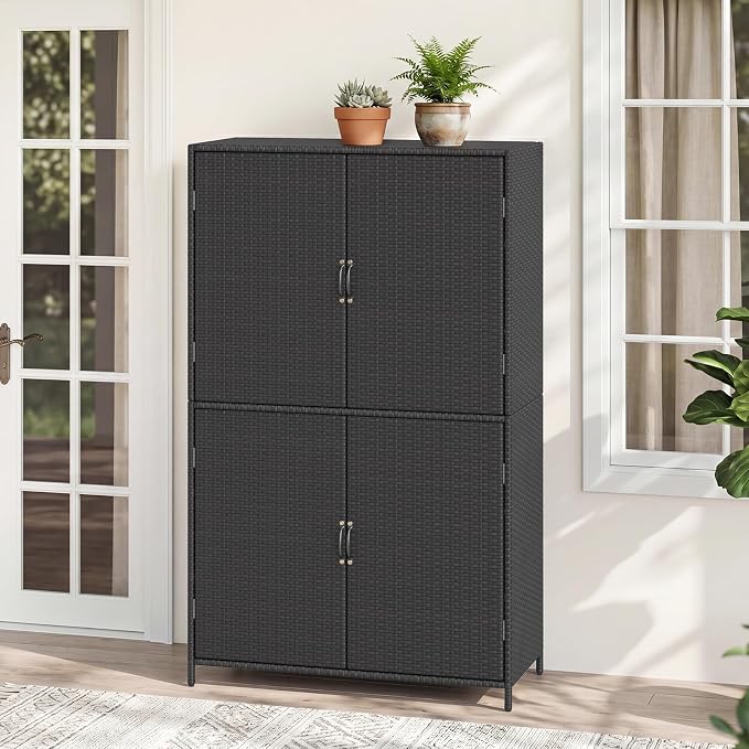 Tangkula Rattan Outdoor Storage Cabinet, Patiojoy Outdoor Cabinet with 2 Adjustable Shelves, 4 Doors, Patio Storage Deck Box Table for Patio Garden Poolside