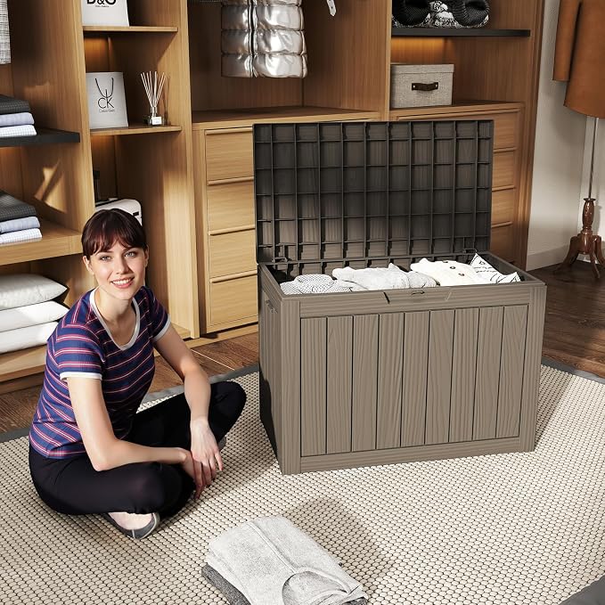 55-Gallon Outdoor Storage Box, Waterproof Deck Box for Patio Cushions, Garden Tools, Pool Accessories, Lockable Outside Storage Bin for Backyard & Deck (Grey)