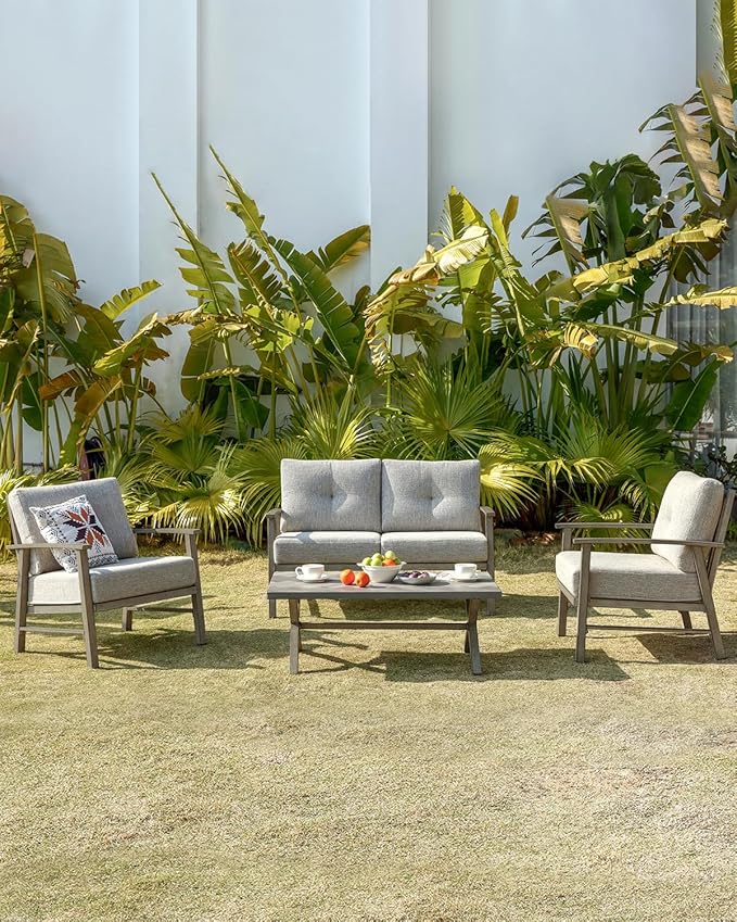 Aluminum Outdoor Patio Furniture Set, 4 Piece Patio Conversation Sets with Washable Thick Cushions, Weather-Resistant Outdoor Sectional Sofa Couch Sets for Poolside, Backyard, Limed Oak