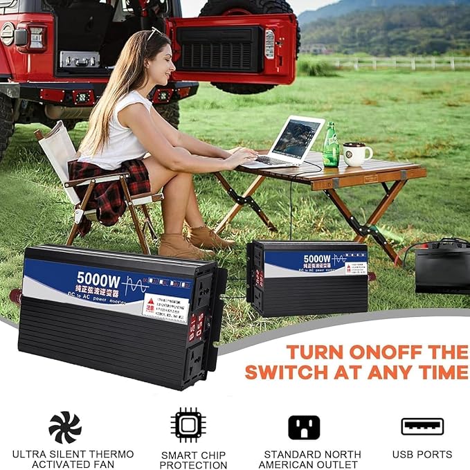 FLJDLSGS 3500W 5000W Pure Sine Wave Power Inverter 12V 72V DC to 110V AC Voltage Converter with LCD Display, for Home/RV/Truck/Car/Camping/Solar (5000W,12V)