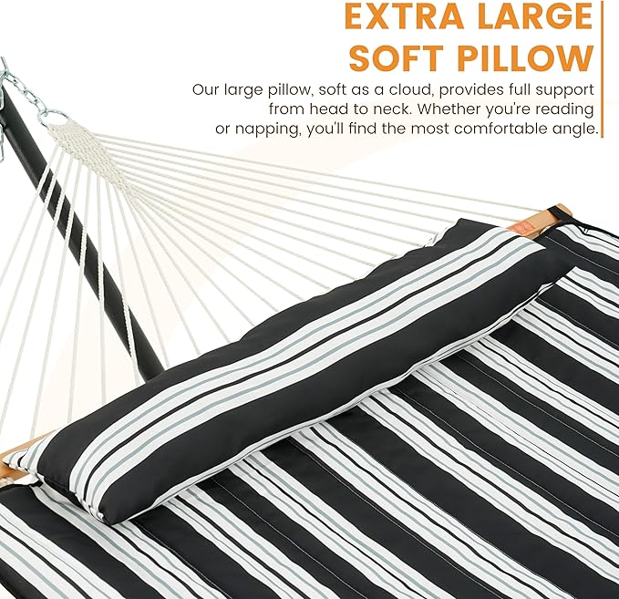 Lazy Daze Hammocks 2 Person Portable Hammock with 12FT Stand, Double Hand Woven Cotton Rope Hammock with Detachable Quilted Pad & Pillow for Outside, 450lb Capacity, Black White Stripes