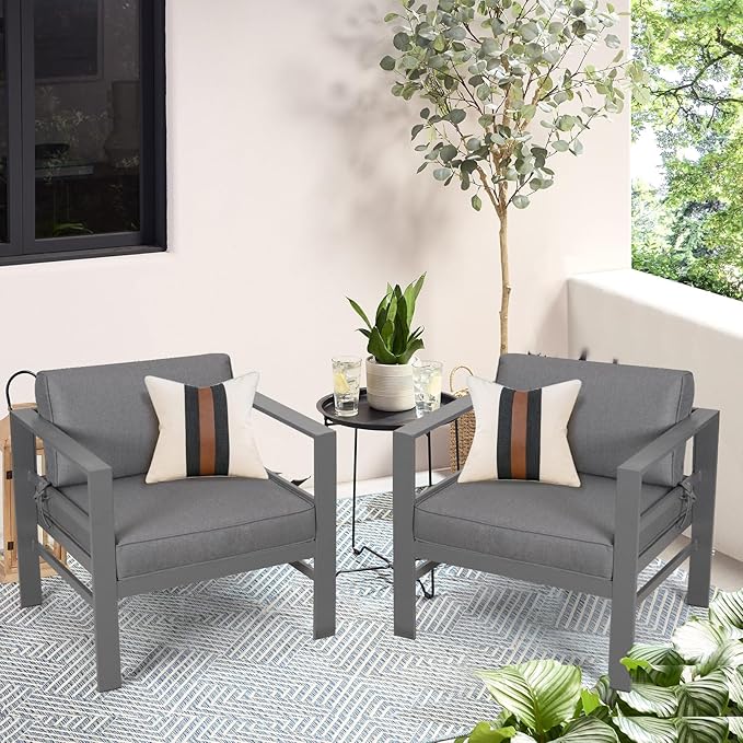 2 PCS Aluminum Modern Outdoor Patio Club Chair Set, Grey Cast Aluminum, All-Weather, Sectional Sofa, 27.6*25.2*25 inches, 400 lbs, Grey, Resistant, Sturdy, Waterproof