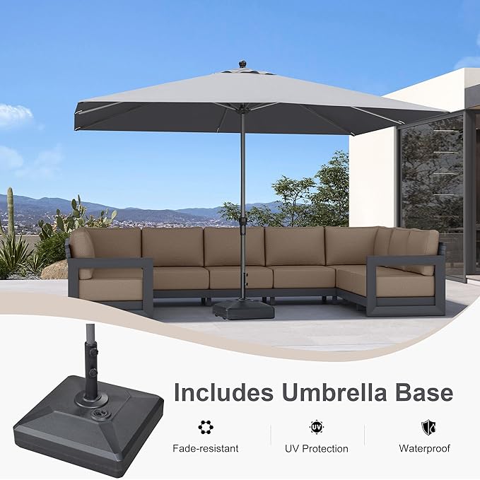 PURPLE LEAF 11.5' x 8' Rectangle Patio Market Umbrella with Base Outdoor Table Umbrellas Aluminum Frame Sun Shade with 8 Sturdy Ribs for Garden Deck Lawn Pool Light Gray