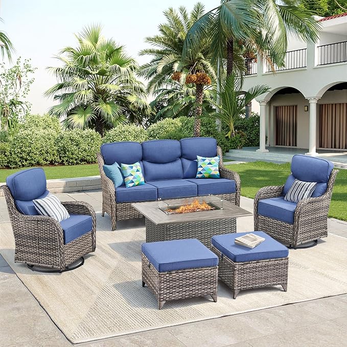 Luxury Patio Furniture Set with Fire Pit Table-6 Pieces All Weather Outdoor Swivel Rocker Chairs with Sofa and Ottomans. Outdoors Patio Conversation Sets for Porch Deck Garden Backyard(Grey/Blue)