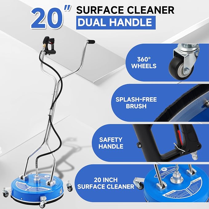 RIDGE WASHER 20’’ Pressure Washer Surface Cleaner, 4500 PSI Surface Cleaner with Dual Handle, Power Washer Surface Cleaner Attachment with Wheels for Cleaning Driveways, Sidewalks, Patios