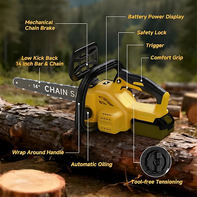 14-Inch Brushless Electric Chainsaw, Cordless Battery Powered Chain Saw Compatible with Dewalt 20V Battery with LCD Display, Auto Oiler, for Wood/Tree Cutting Pruning, Tool Only (Battery Not Included)