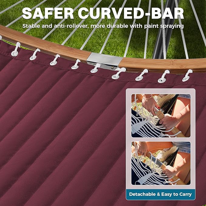 SUPERJARE Curved-Bar Hammock with Stand, 2 Person Heavy Duty Hammock Frame, Detachable Pillow & Portable Carrying Bag, Perfect for Outdoor & Indoor, Burgundy