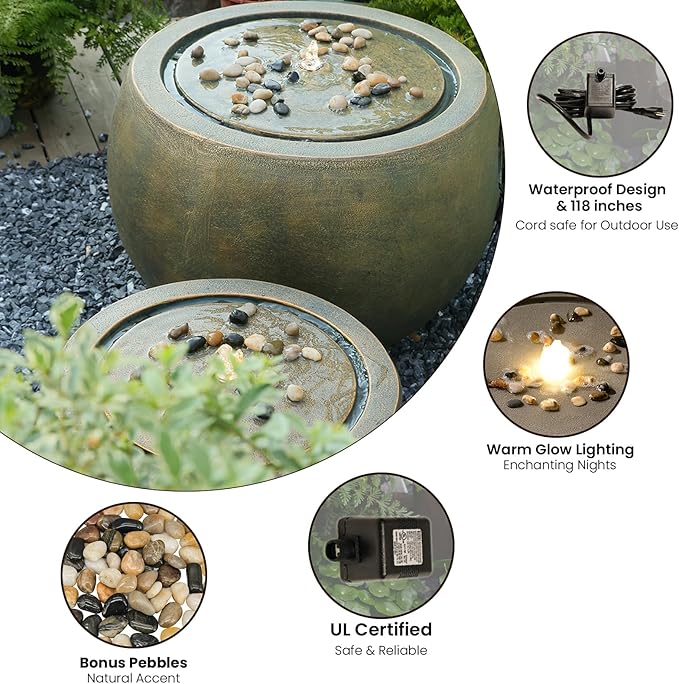 Tankana Garden Water Fountain Outdoor Large Round Bubbler Water Feature Indoor with Lights & Pump and Pebbles Concrete Effect for Patio Pool Pond Yard Home Decor Gold, 25 "L X 25" W X 17.5" H