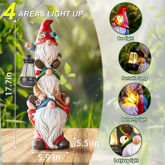 twinbling 17 in Large Garden Gnome Statue with Solar Lights | Sculptures Funny Triple Big Gnome Outdoor Patio Lawn Yard Balcony Garden Home Decor Gifts for Women Mom Mothers Day Gifts