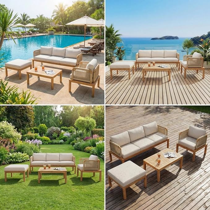 Patio Furniture Set of 4, Outdoor Sectional Furniture with Coffee Table and Ottoman, All-Weather Patio Conversation Set for Backyard, Garden and Poolside (Series A)