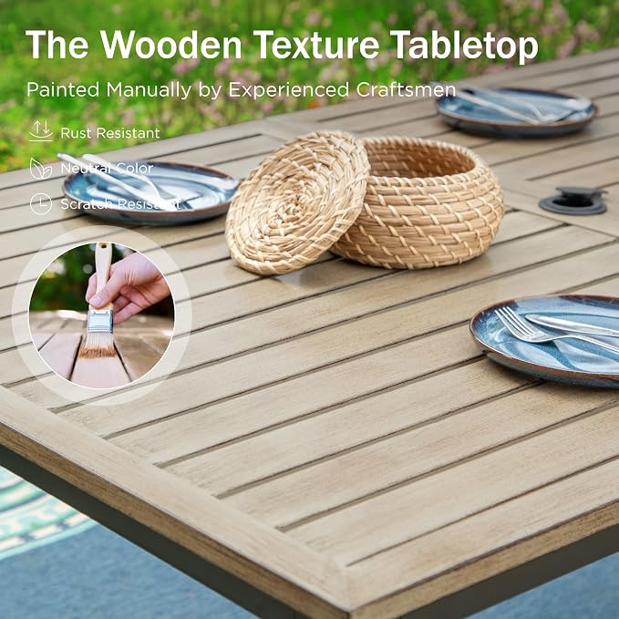PHI VILLA Outdoor Dining Set for 6 Person, Wooden Texture Metal Table with Umbrella Holes and 2 Swivel & 4 Fixed Chairs All Weather Patio Table and Chairs for Deck Garden Yard
