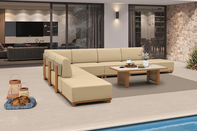 PURPLE LEAF Patio Furniture Set L-Shaped Outdoor Sectional Sofa with 11" Thick Cushion 9-Piece Outdoor Conversation Set with Ottomans and Coffee Lights for Backyard Poolside Table Included, Beige
