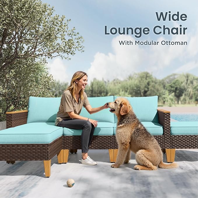 PHI VILLA 7-Piece Wicker Patio Conversation Set, Outdoor Rattan Sectional Pool Furniture Patio Set for 7 Seats with Cushioned 2 x Single Sofa, 2 x Armrest Chair, 2 x Ottoman and 1 x Armless Sofa, Blue