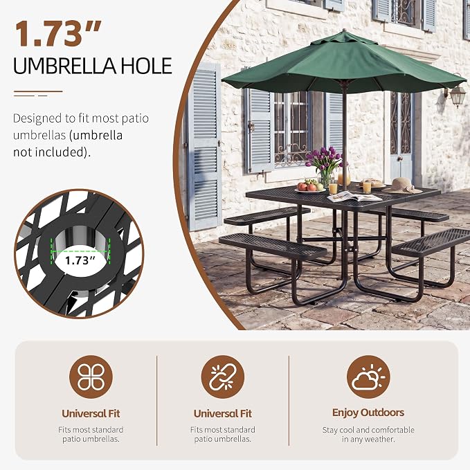 46" Square Metal Picnic Table with 1.73" Umbrella Hole, Commercial Steel Picnic Table, Heavy Duty Picnic Tables with Benches for Outdoor Garden Courtyard BBQ, Black