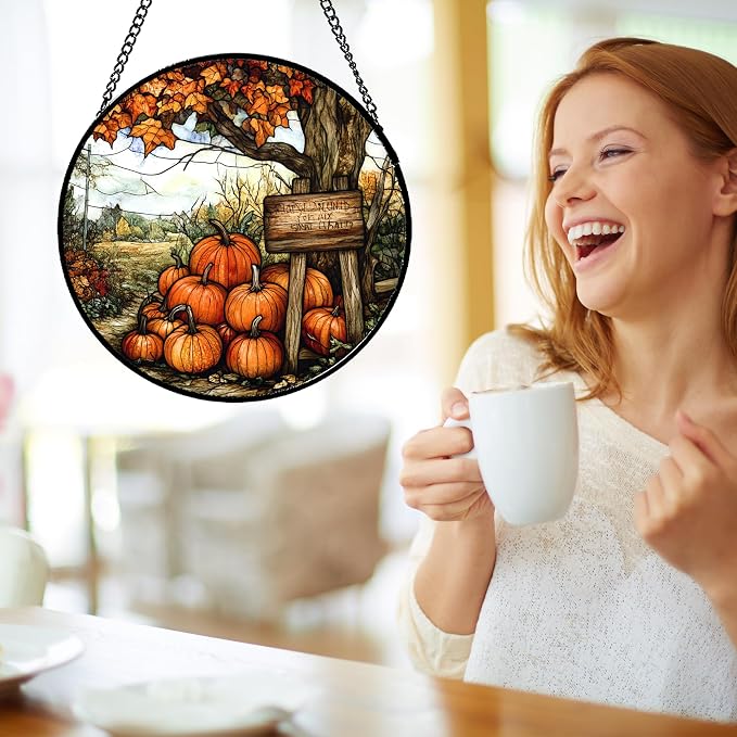 DASTOLL Stained Glass Window Hanging Fall Farm Scenery Maple Trees Pumpkin 7.8" - Suncatcher Door Garden Kitchen Sun Catcher Autumn Decor Birthday for Mom Nana Men Woman Friend