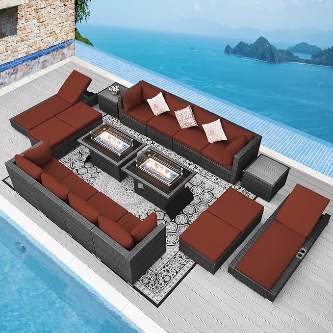 NICESOUL 18 Piece Outdoor Patio Furniture Set with Fire Pit and Chaise Lounge, Luxurious Modular Wicker Woven Patio Sets Couch and Loungers, 14-Seats Outdoor Seating Sectional Sturdy, Grey&Burgundy