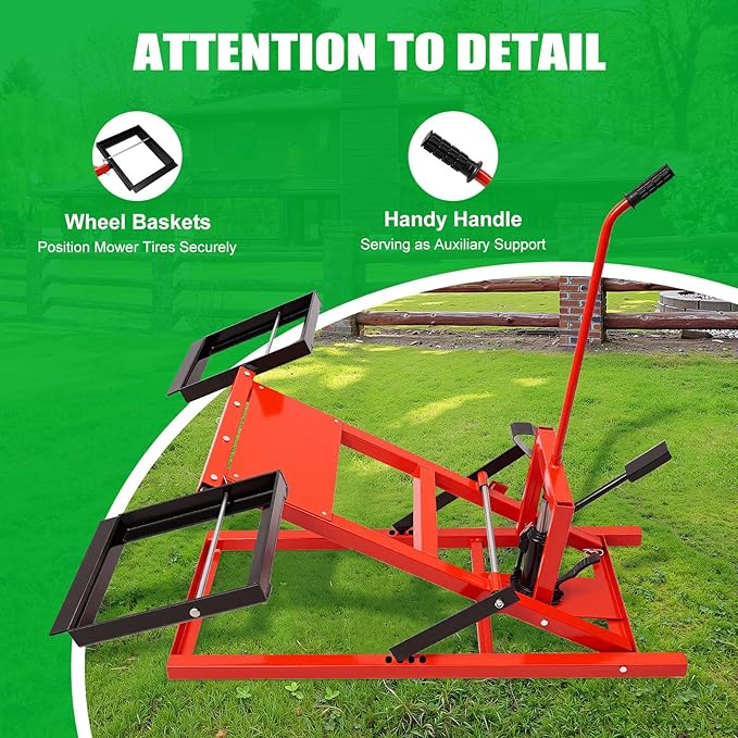 Lawn Mower Lift with Hydraulic Jack, 500 lbs Lifting Capacity Lawn Mower Lift Tool Adjustable Wheel Span for Mower Maintenance and Repair, Red