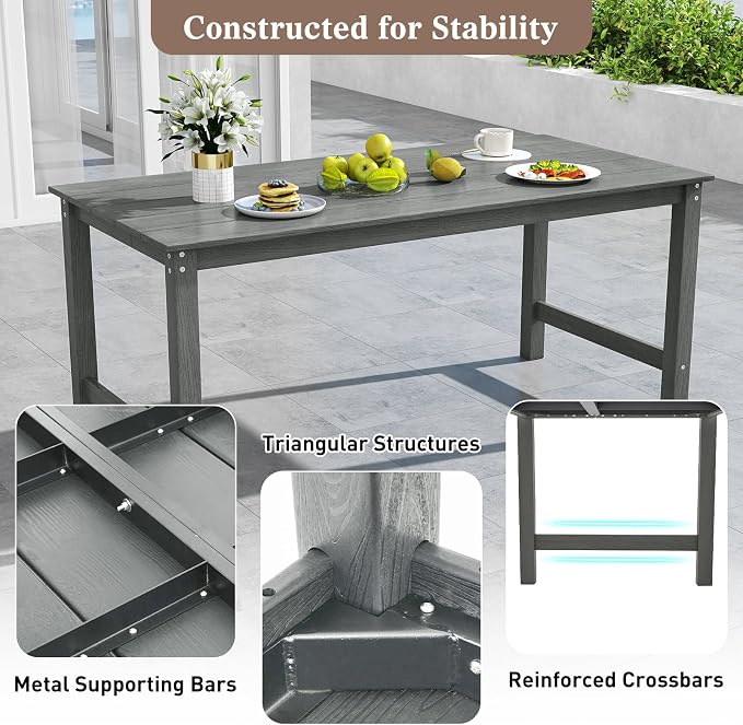 Tangkula HDPE Outdoor Dining Table for 6 Person, 67” Patio Table with Wood-Like Tabletop and Umbrella Hole, Weather-Resistant Rectangle Table for Garden, Backyard and Poolside (Gray, 1 Table)