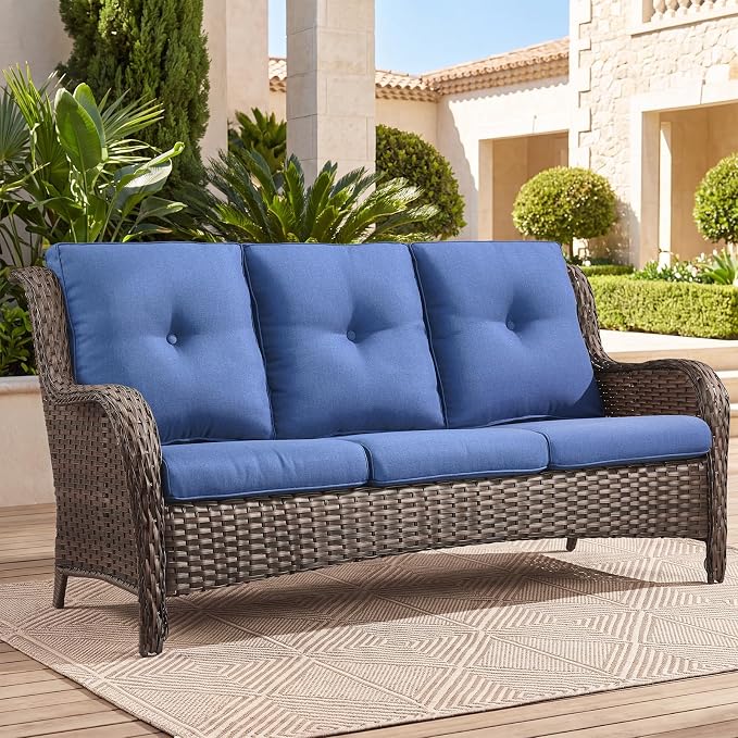 Belord Patio Sofa Luxury PE Wicker 3-Seater Outdoor Couch, Modern All-Weather High Back Deep Seat Woven Furniture Set for Porch, Deck, Balcony, Backyard - Brown/Blue