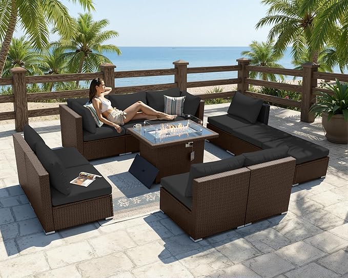 BULEXYARD 11 Piece High Back Outdoor Furniture Set with Firepit, Cozy Patio Conversation Set with Ottoman Modular, Extra Wide Deep 10-Seats Sectional Couch Sofa for Yard, Brown Rattan & Black Cushion