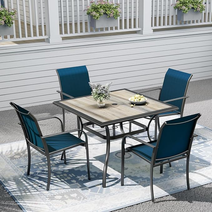 Patio Dining Set for 4, Outdoor 37" Dining Table with Laminated Top and 1.9" Umbrella Hole, 4pcs Stackable Patio Chairs Included, Perfect for Home & Outside