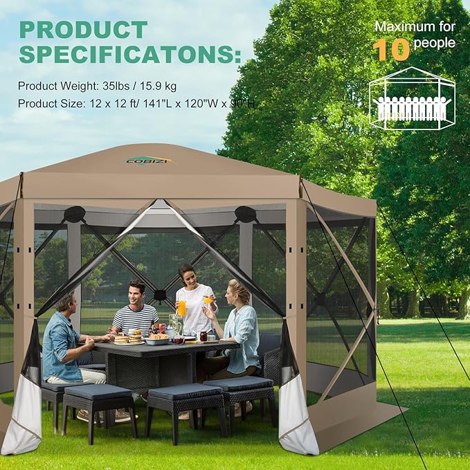 COBIZI 12x12 FT Pop Up Canopy Extendable Tent, Gazebos On Clearance with Removable Roof,Screened in Gazebo,Screen Tents Portable carpas para Patio for Outdoor Camping,Backyard, Garden,Khaki(Upgraded)
