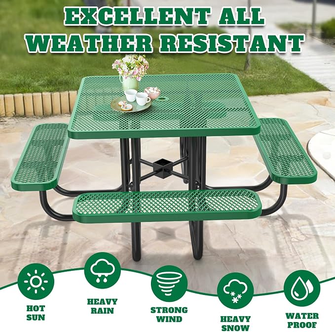 Heavy Duty Picnic Table with Umbrella Hole, Expanded Meta Outdoor Metal Patio Dining Table & Outdoor Bench Set, Steel Mesh Dining Furniture for Garden, Lawn, Patio (47 INCH Green Square Table)