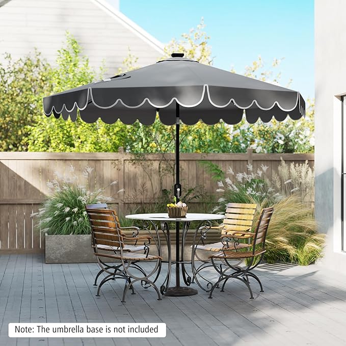 Tangkula 9 FT Solar Patio Umbrella, 2-Tiers Scalloped Outdoor Table Market Umbrella with 32 LED Lights, Vented Top, Tilt Adjustment, Crank, 8 Ribs for Backyard Poolside Deck Beach Lawn (Gray)