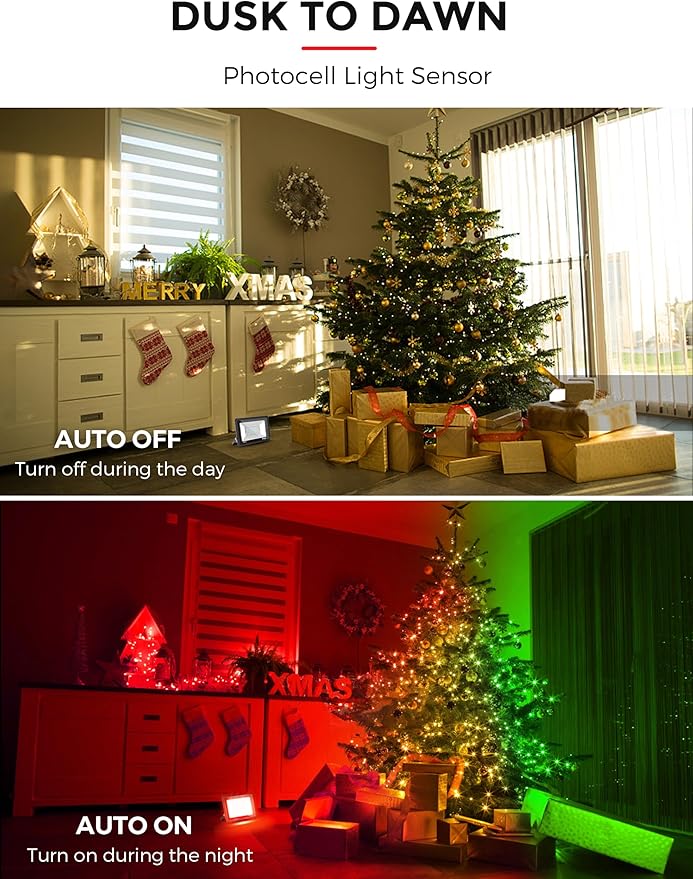 L LOHAS LED Red and Green Christmas Flood Light Outdoor, 𝑫𝒖𝒔𝒌 𝒕𝒐 𝑫𝒂𝒘𝒏 50W Plug in Flood Light, IP66 Waterproof Christmas Decorations, 2300lm Christmas Lights for Yard, Party, UL Listed
