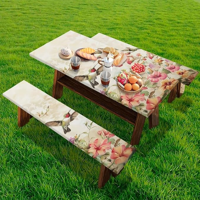 Hummingbird Picnic Table Cover with Bench Covers Elastic Fitted Water Resistant Windproof Tablecloth with Storage Bag - 94x30 Inches 3Pcs Set Patio Table Cover for Outdoor Camping Garden