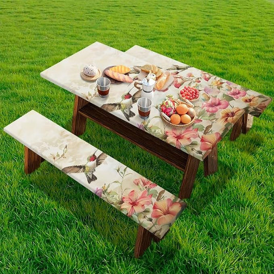 Hummingbird Picnic Table Cover with Bench Covers Elastic Fitted Water Resistant Windproof Tablecloth with Storage Bag - 72x30 Inches 3Pcs Set Patio Table Cover for Outdoor Camping Garden
