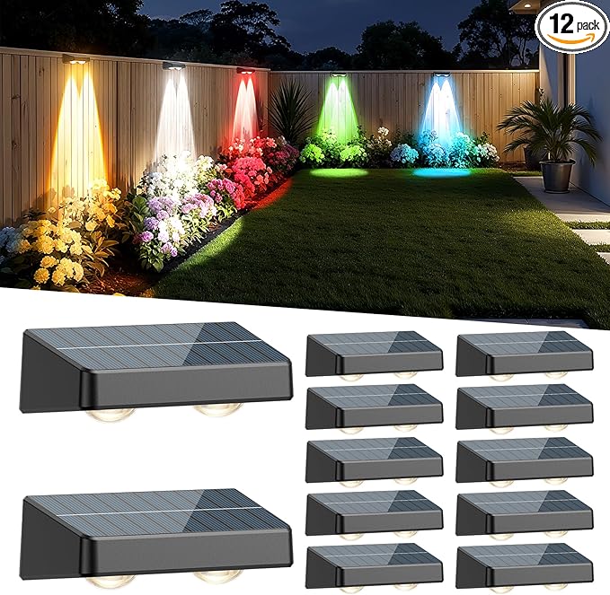 Fence Solar Lights, Solar Fence Lights Outdoor Waterproof Led Warm/Cool White and RGB Colors Changing Outside Wall Lights for Yard Garage Backyard Railing Step Patio Pool - 12Pack