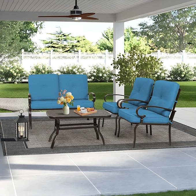 5Pcs Outdoor Furniture Patio Conversation Sets Loveseat, 2 Motion Spring Chairs with Coffee Table, Metal Frame Chair Set (Peacock Blue)